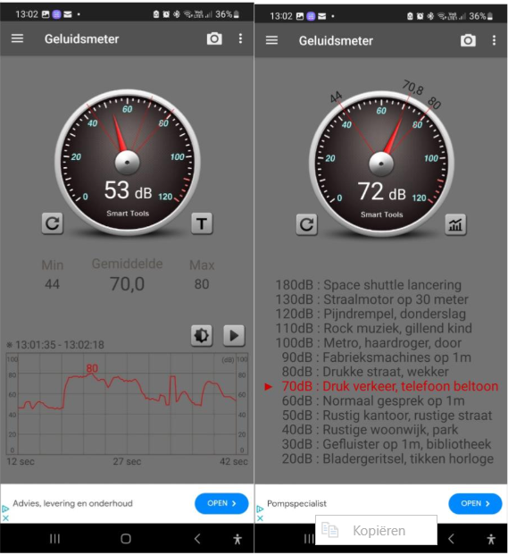 Bron: App Smart Tools geluidsmeter 